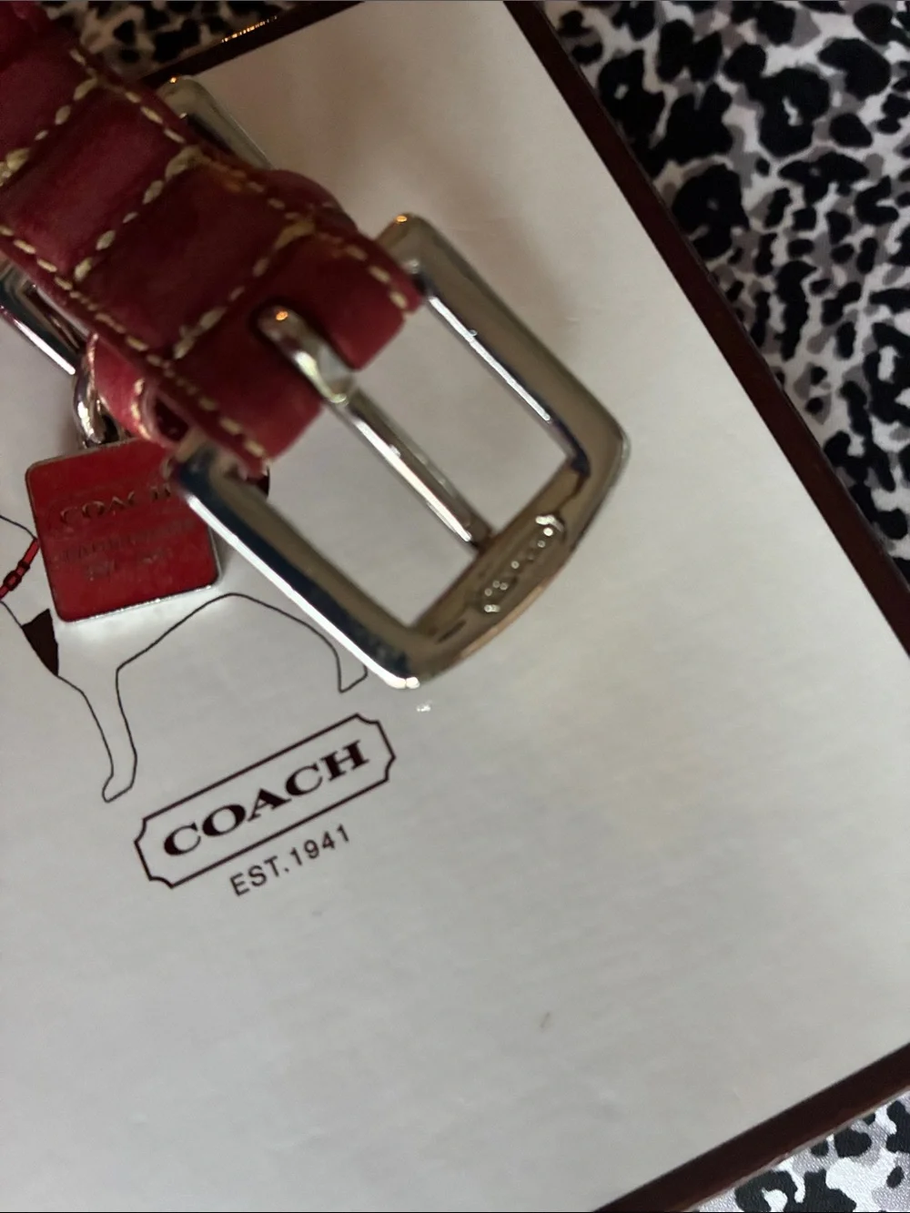 Coach Rare Vintage Sz. MED, Red Leather Grommet Dog Collar, Square Charm w Box